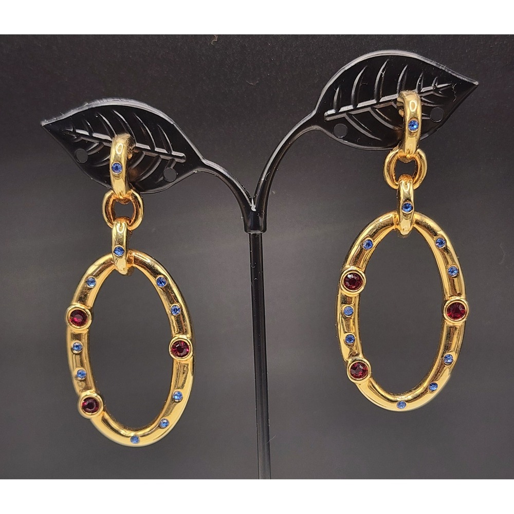Swarovski Gold Tone Red Blue Crystal Oval Link Drop Clip On Earrings Hallmarked